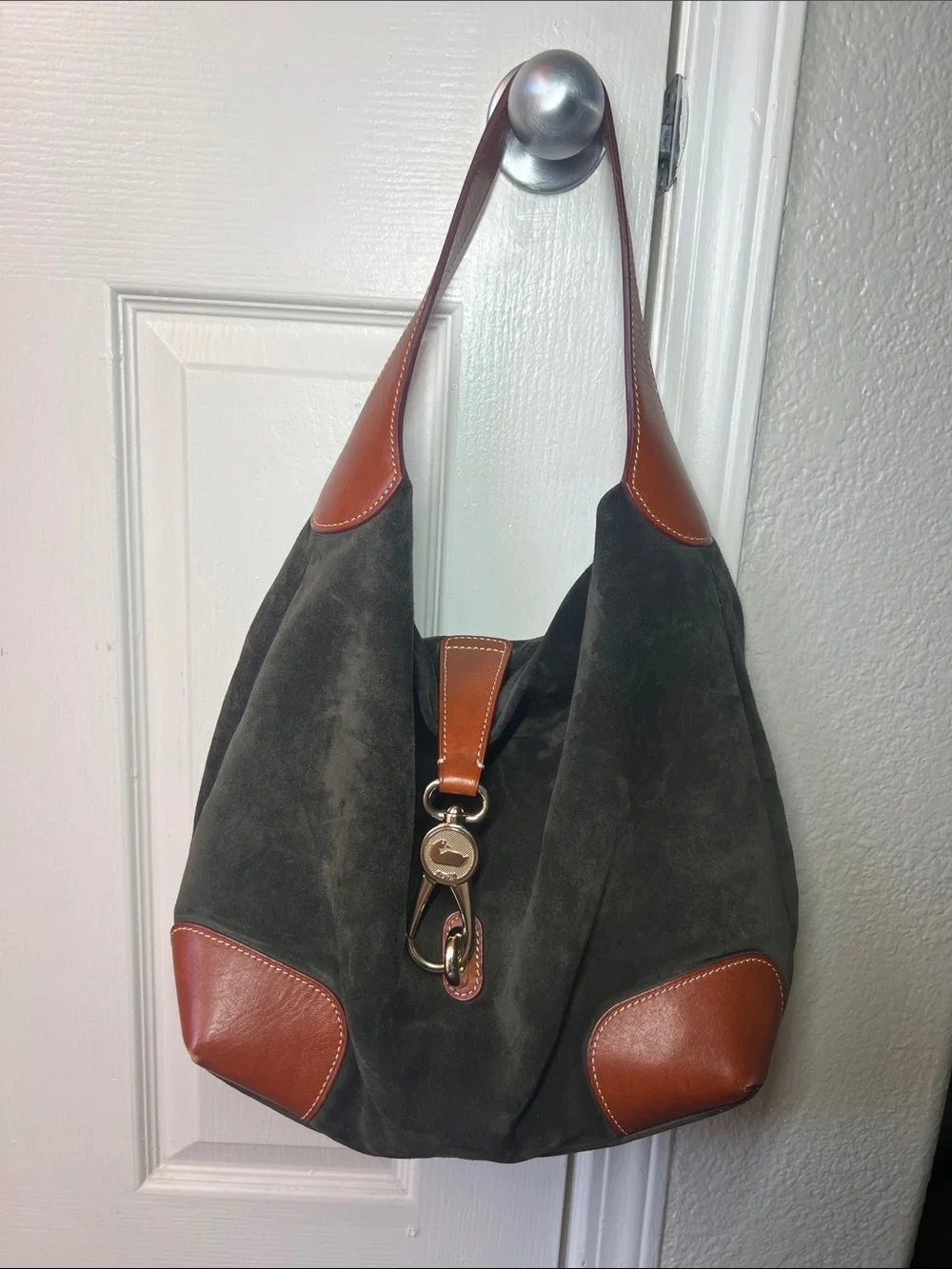 Vintage Dooney & Bourke Dark Olive Suede Hobo with Brown Leather Trim